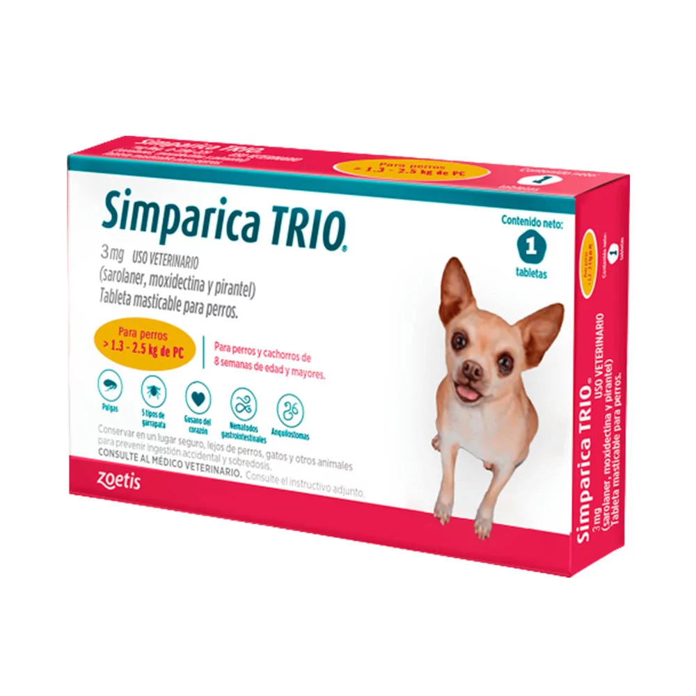 Simparica Trio Antipulgas para perros 1.3 a 2.6kg x 1 Tab Simparica - 1 Simparica Trio Antipulgas para perros 1.3 a 2.6kg x 1 Tab Simparica - 1