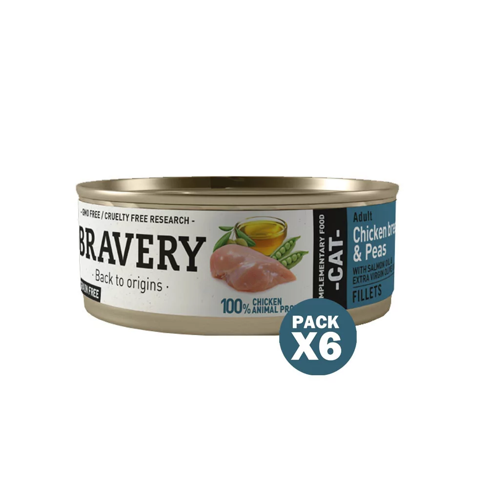 Bravery Pollo y Guisantes Gatos Adultos Lata 70gr x 6und Bravery - 1