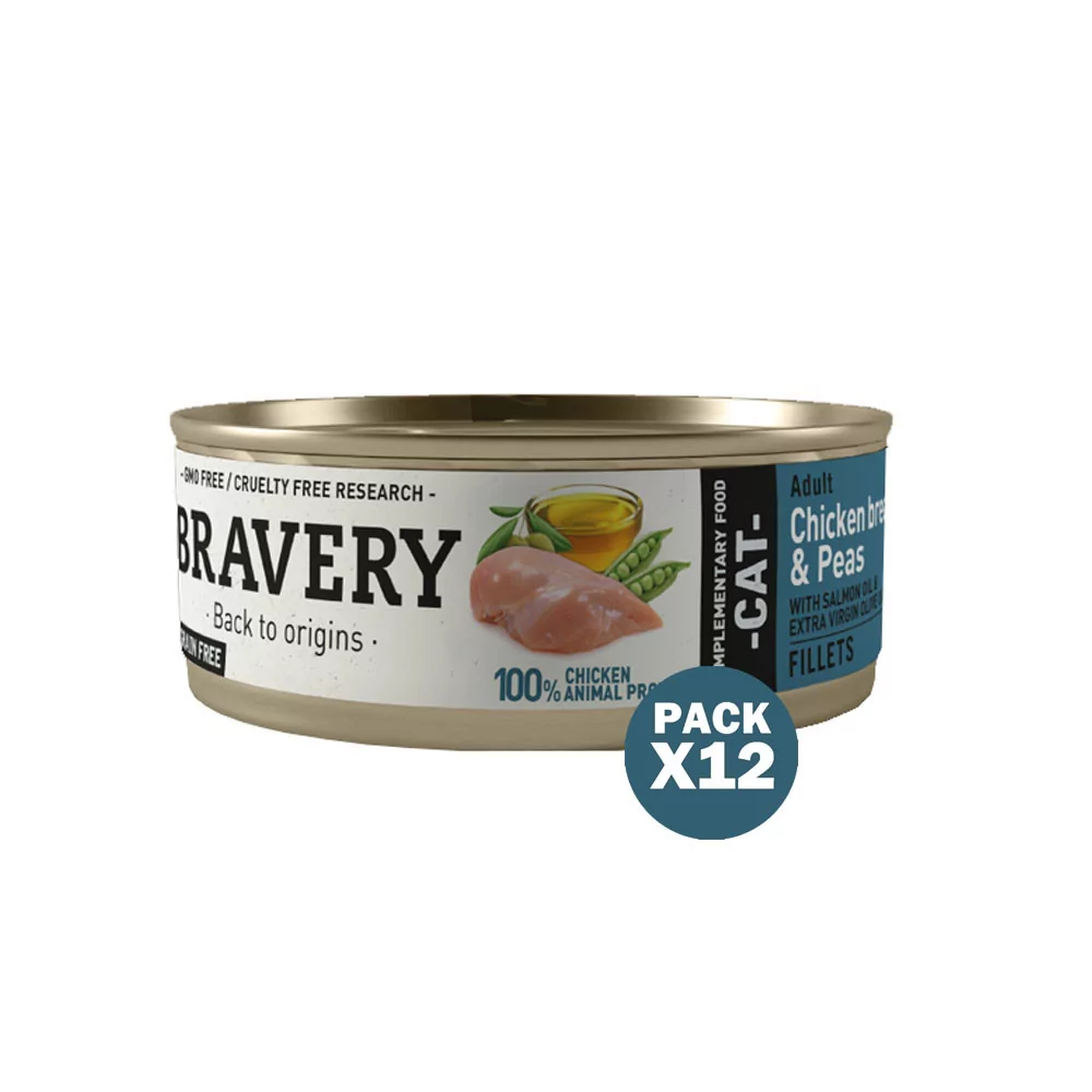 Bravery Pollo y Guisantes Gatos Adultos Lata 70gr x 12und Bravery - 1